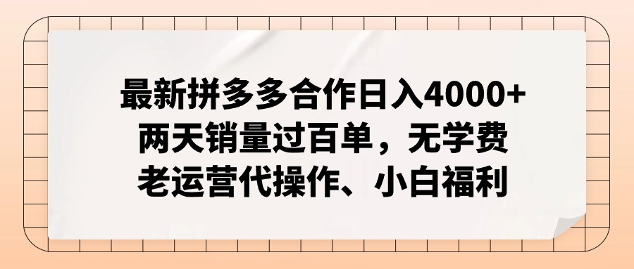 拼多多最新合作日入4000+两天销量过百单，无学费、老运营代操作、小白福利-逐光创享汇