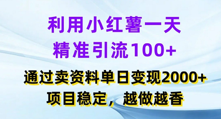 利用小红书一天精准引流100+，通过卖项目单日变现2k+，项目稳定，越做越香【揭秘】-逐光创享汇